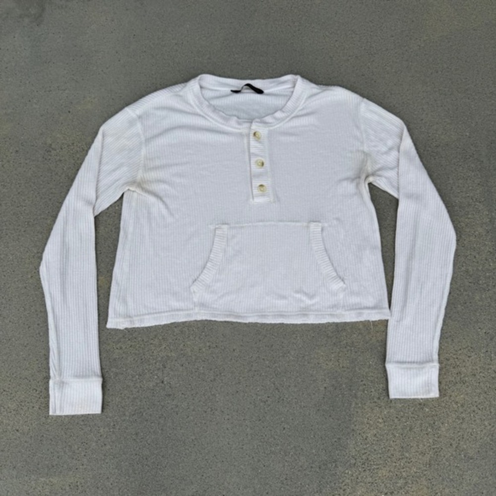 Abercrombie & Fitch Womens XXS White Ribbed Henley Cropped Long Sleeve